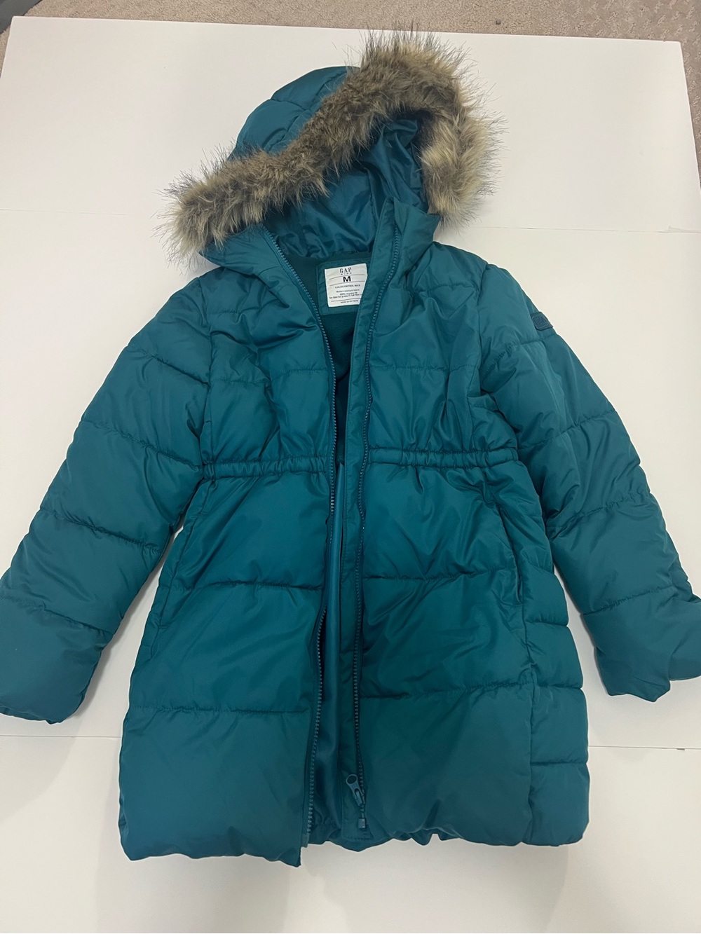 Teal Puffer Coat with Faux Fur Hood Gap Sz Medium